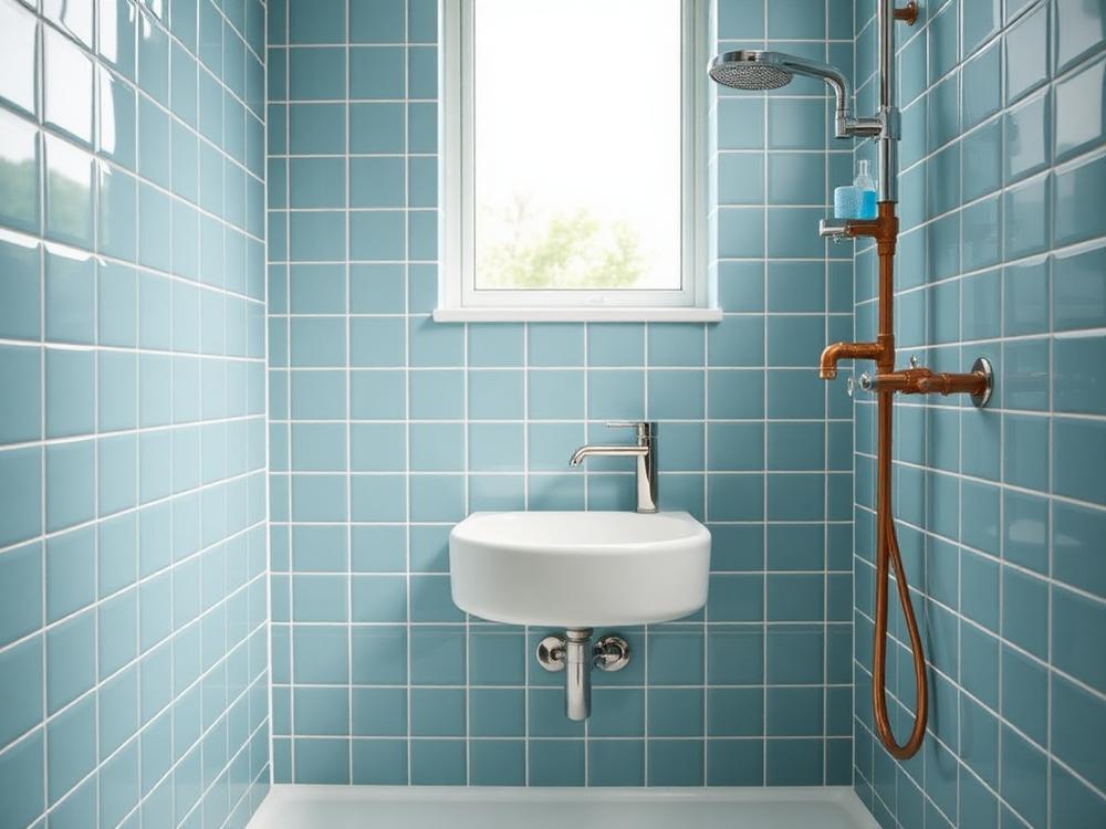 Freshly installed bathroom with chrome fittings and copper pipework