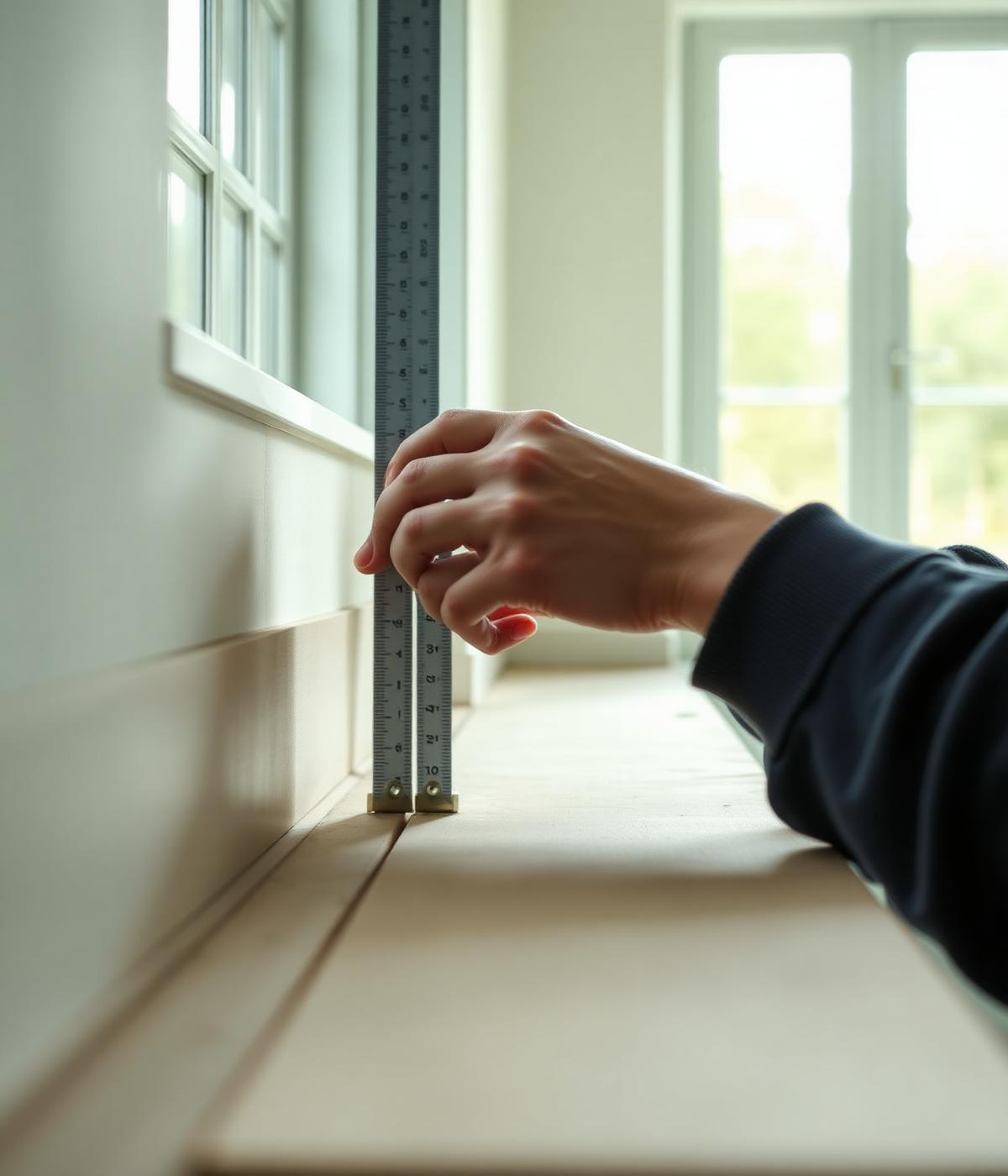 Skilled tradesperson measuring interior joinery in a British home